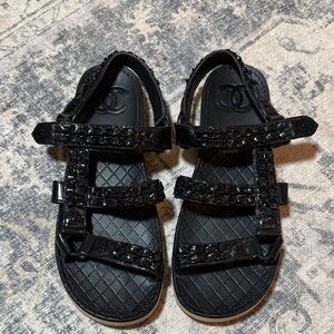 Chanel Black Quilted Logo Sandals